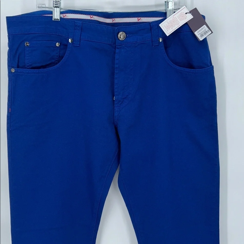Isaia Napoli Slim Straight Fit Royal Blue Twill Cotton Jeans Eu 54 R